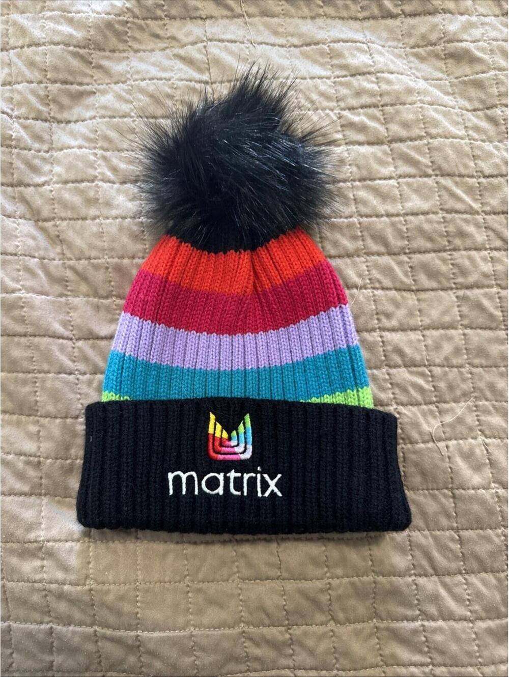 Matrix Beanie Hat Cap Womens Pom Bobble Knit Rib Cuff Ski Wear Stripe Rainbow